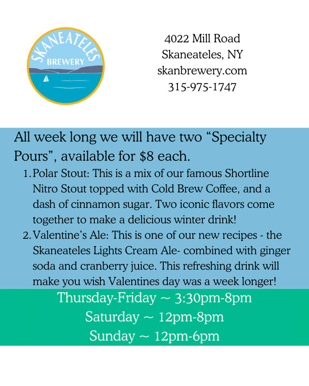 Skaneateles Brewery Dining Week Menu