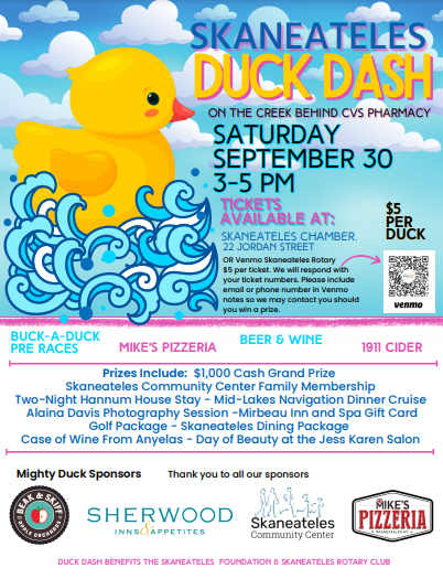 A poster with a yellow duck and blue waves. details for the Duck Dash event are listed on the sheet